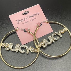 NWT Juicy Couture Hoop Earrings, Goldtone Logos Faux Pearls